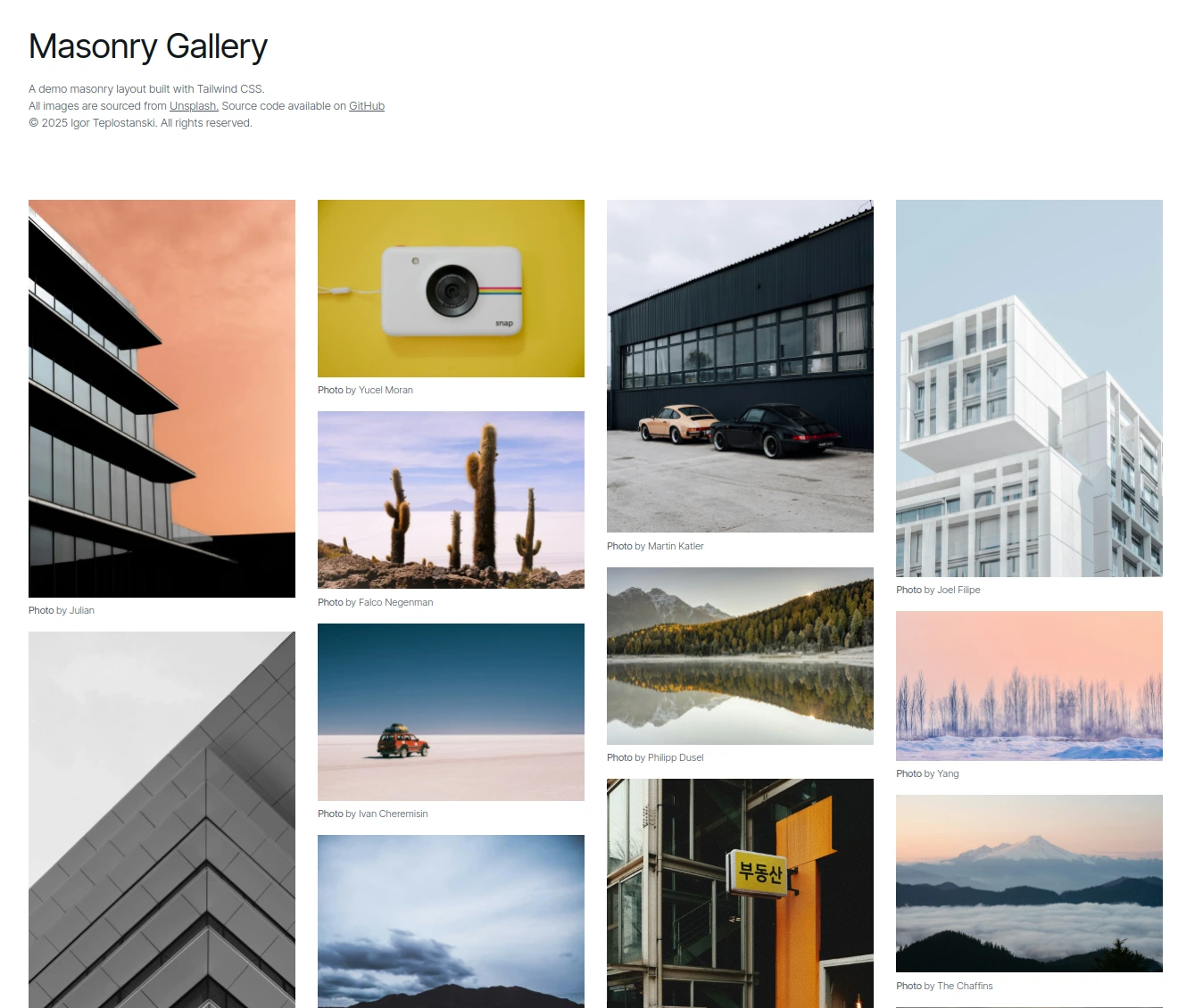 Masonry Gallery An image gallery with Pinterest-style masonry layout. Clicking on an image opens a fullscreen modal window with swipe-enabled navigation between images.